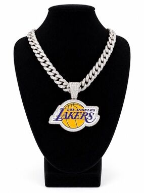 Iced Out NBA Los Angeles Lakers Silver Chain with Yellow & Purple Logo Pendant